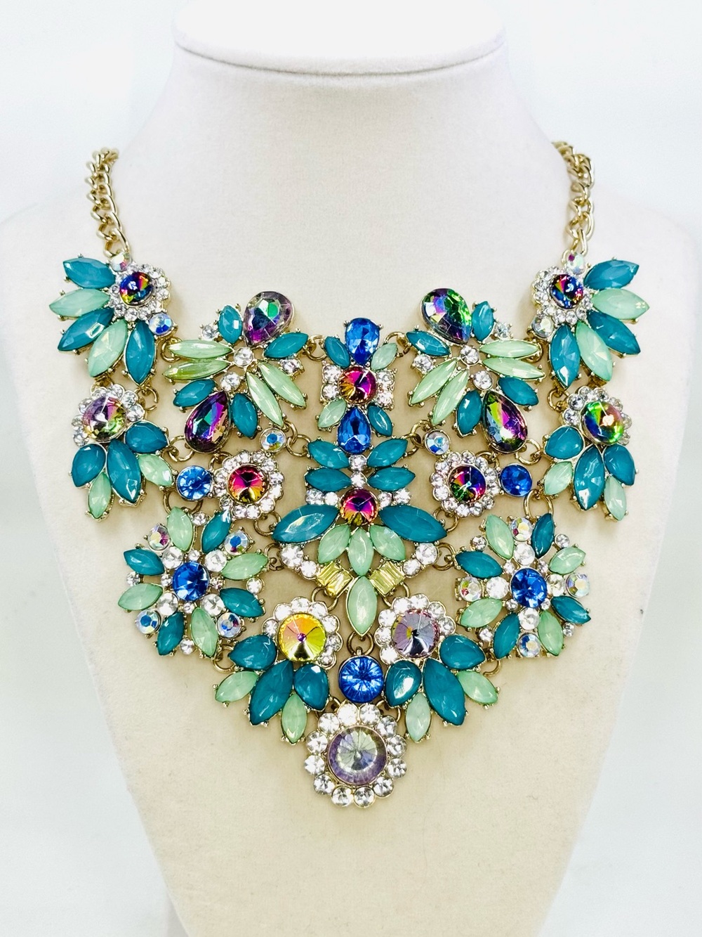 Natasha Teal Aqua Pink AB Crystal Floral Bib Choker Statement Necklace 14-16”